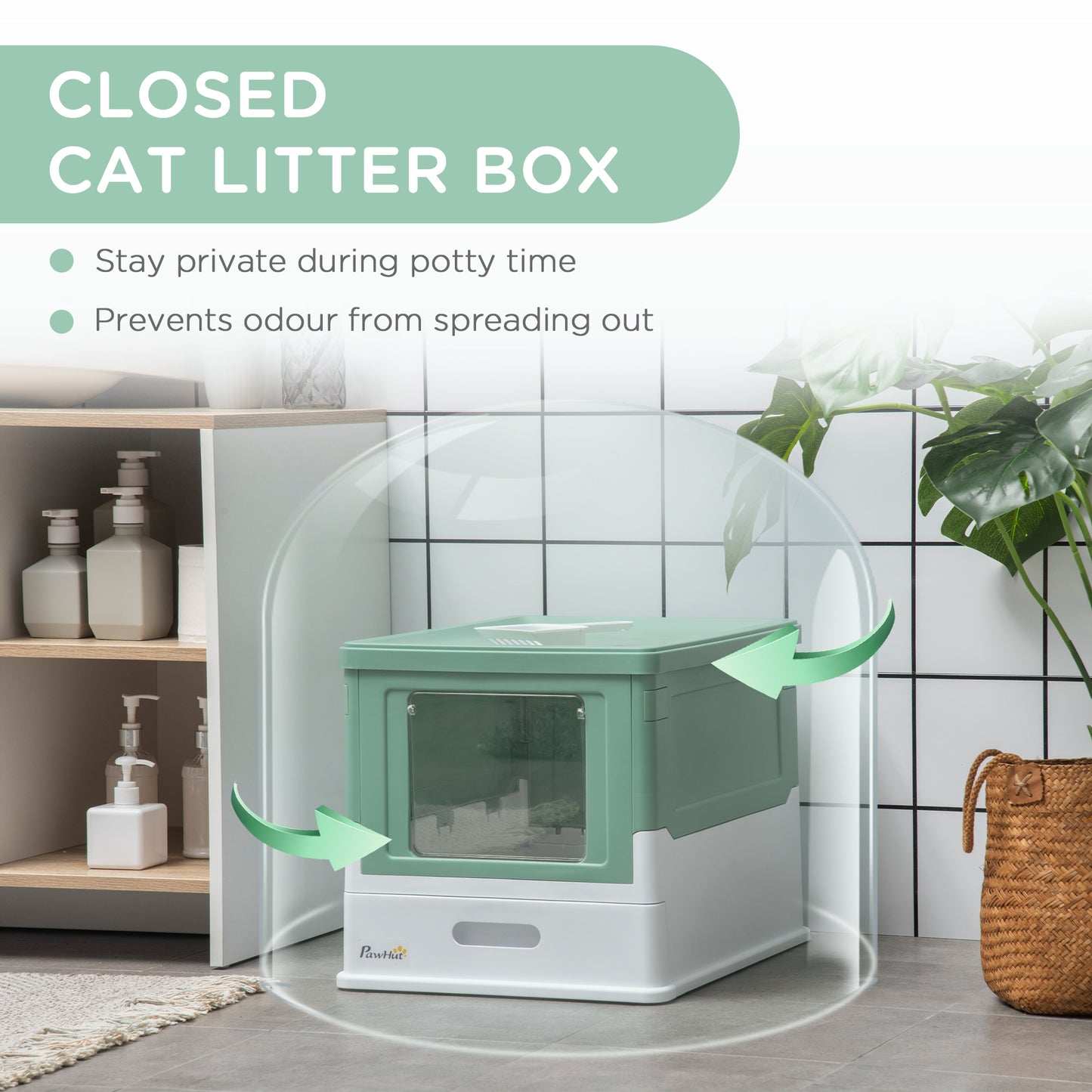 Wefulfil fully enclosed cat litter box in green and white with front door for odor control and privacy
