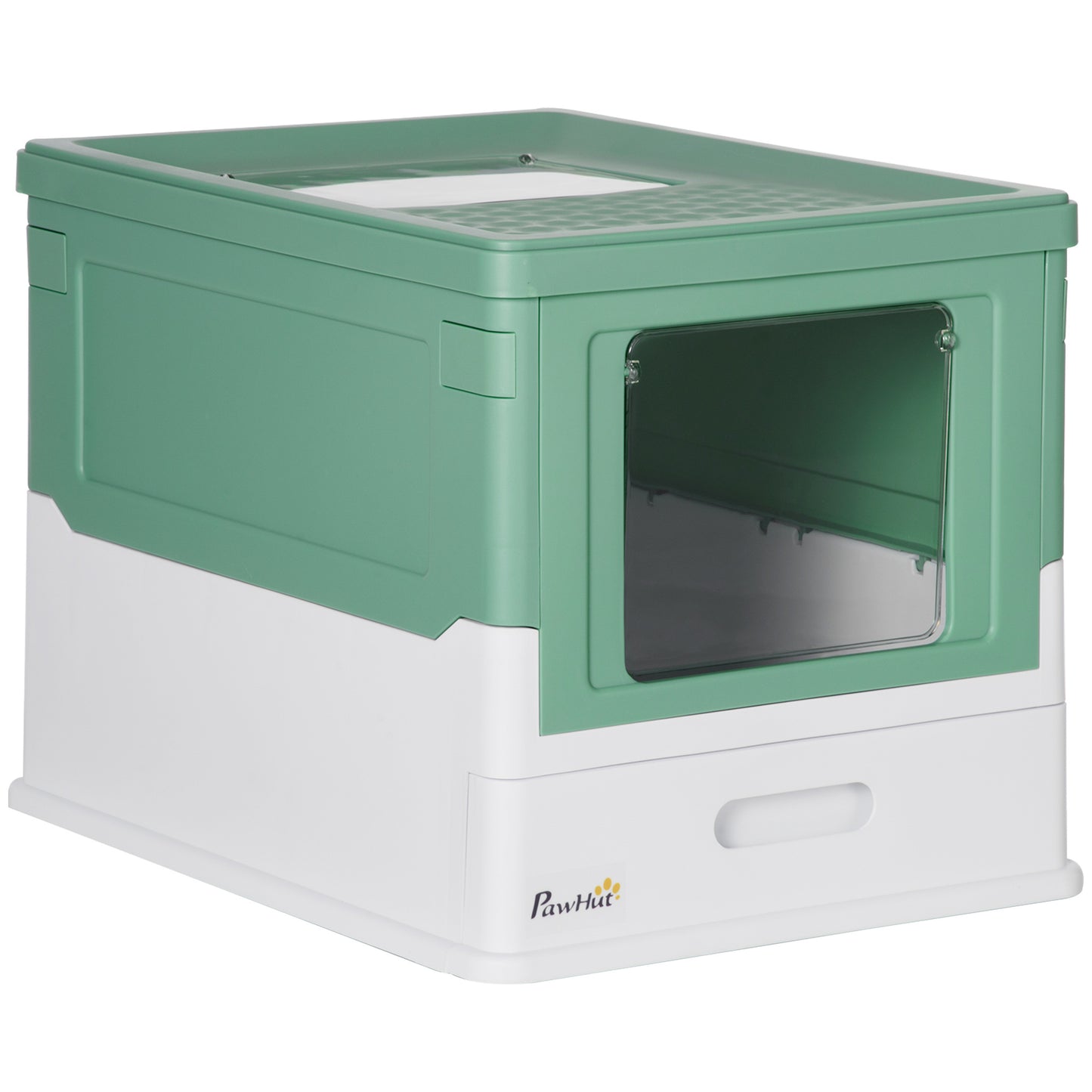 Wefulfil green and white fully enclosed cat litter box with front flap door and top filter