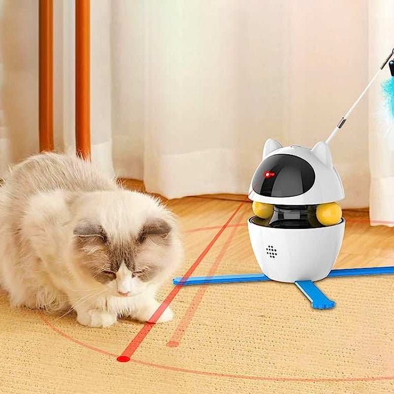 Purrfect Pet Haven Laser and Chasing Cat Toy white robotic cat laser projecting red beams entertaining fluffy longhair kitten