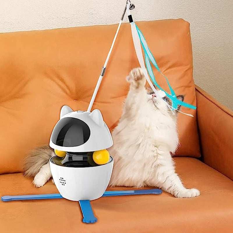 Purrfect Pet Haven Laser and Chasing Cat Toy white robotic teaser with wand and ribbons and fluffy cat playing on couch