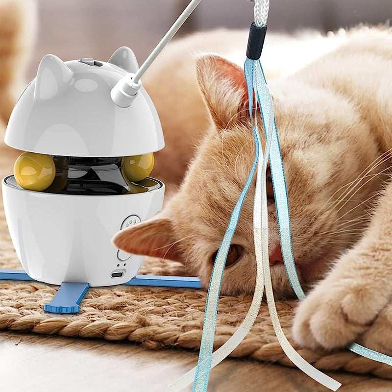 Purrfect Pet Haven Laser and Chasing Cat Toy white electronic cat ear base with ribbon wand and curious orange tabby