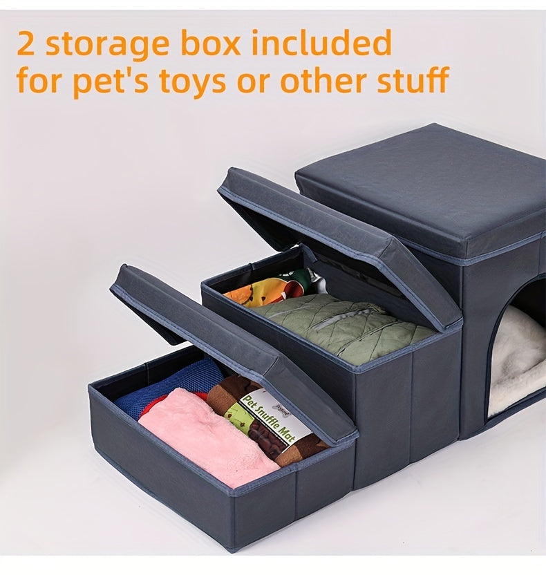 foldable dog stairs with storage by Wefulfil in dark gray showing two open drawers with pet toys and blankets