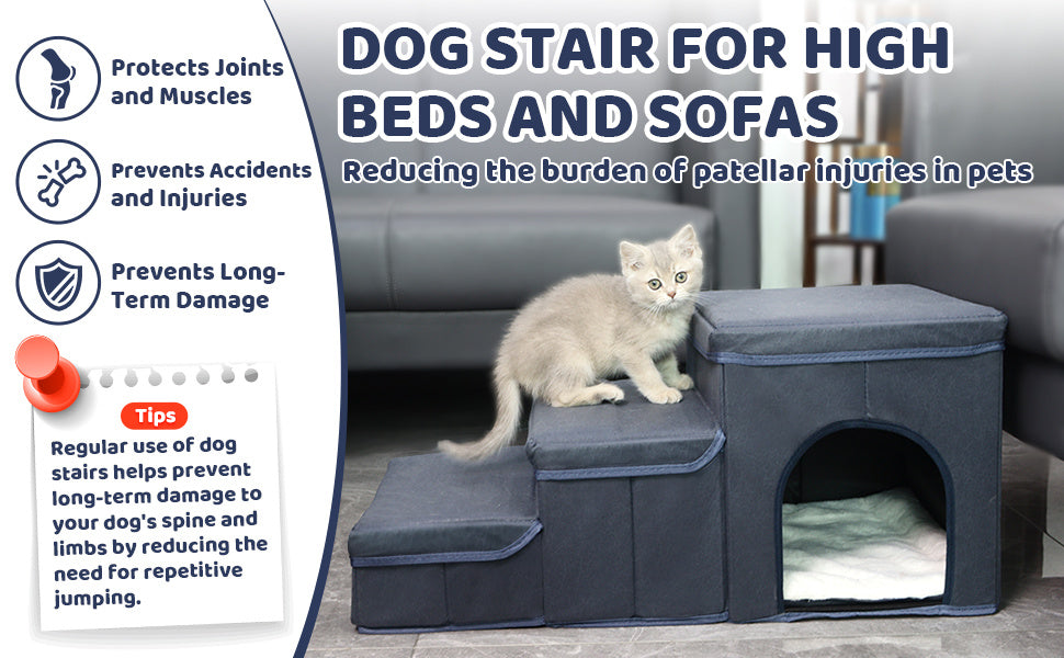 Wefulfil foldable dog stairs with storage in gray fabric featuring steps and cubby den shown beside sofa with cat