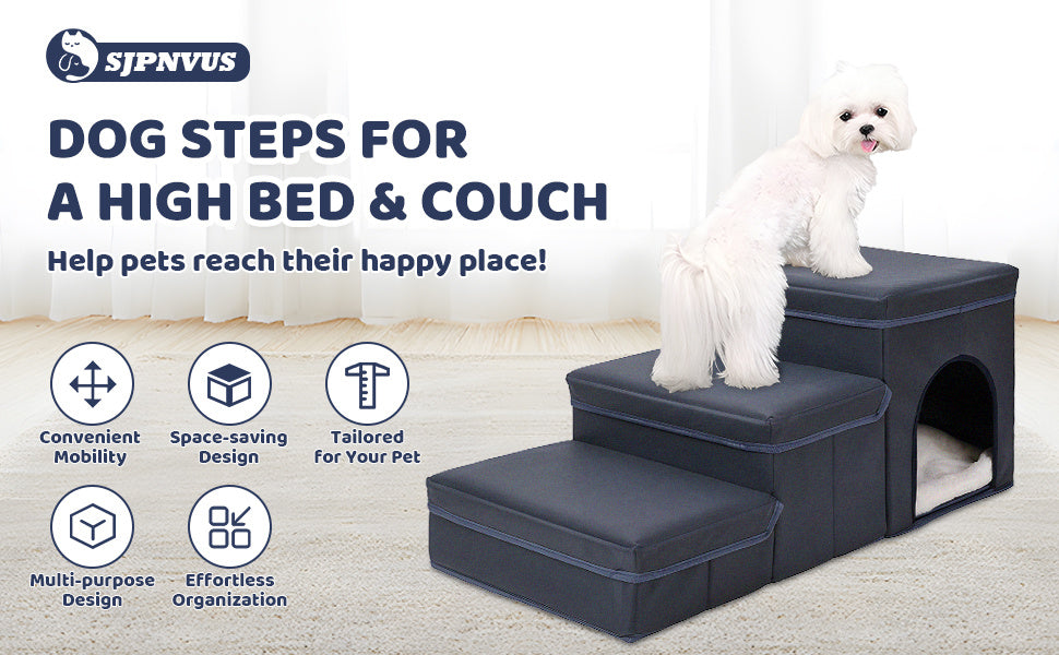 Wefulfil foldable dog stairs with storage in black for high bed and couch showing small white dog climbing