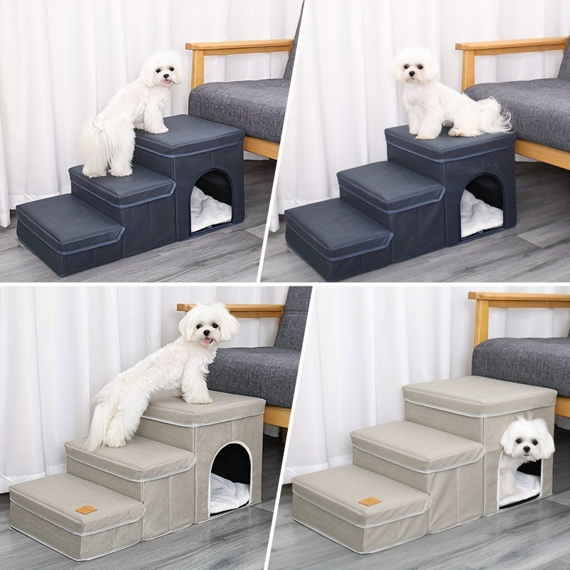 Wefulfil foldable dog stairs with storage in navy and beige with built in hideaway cubby and small white dog