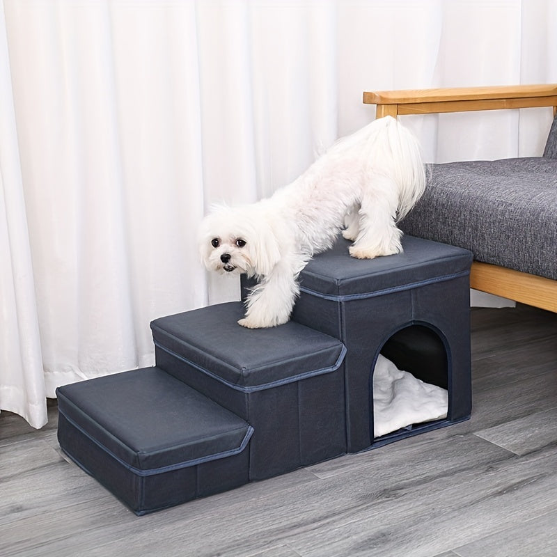 Wefulfil foldable dog stairs with storage navy fabric three step stairs with hideaway cubby and small white dog