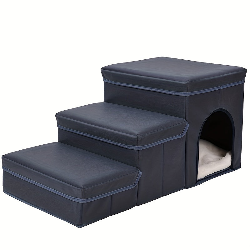 Wefulfil foldable dog stairs with storage featuring three cushioned steps and side pet cubby