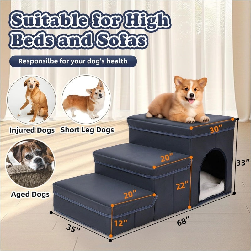 Wefulfil foldable dog stairs with storage navy three step pet ramp with hidden cubby and small dog on top