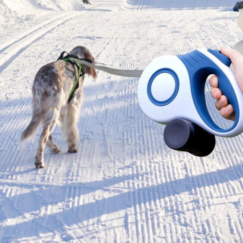 Retractable Dog Leash in blue and white held by owner as dog in green harness walks on snowy trail