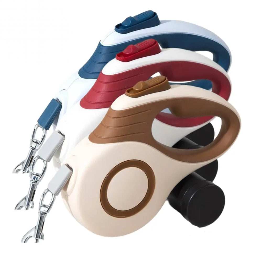 Retractable Dog Leash trio from Purrfect Pet Haven in beige red and blue with ergonomic handle and metal clip