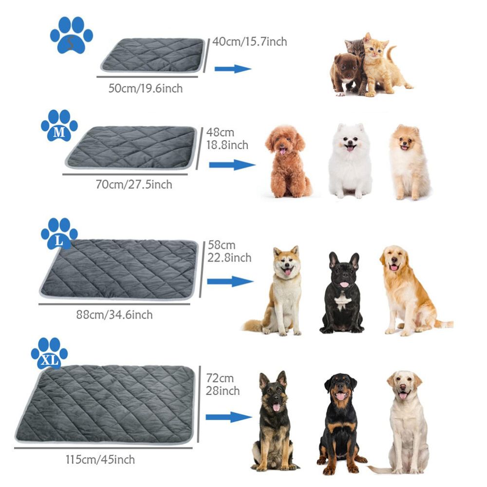 Purrfect Pet Haven Self Heating Pet Pad size chart showing four pad sizes and matching small to large dogs and cats