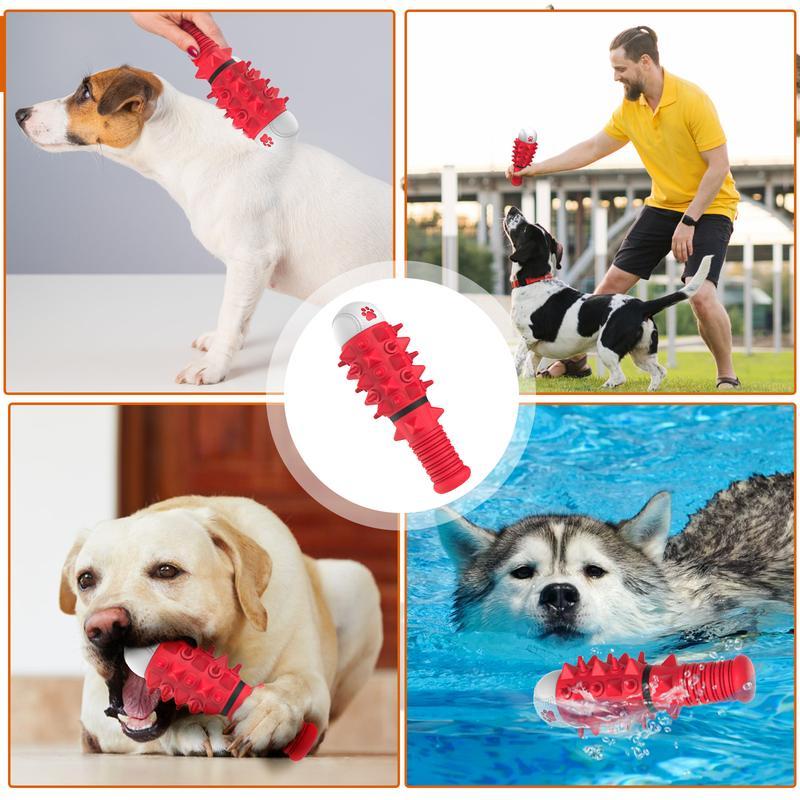 Wefulfil red spiky chew toy shown with dogs chewing swimming and playing interactive dog toys for large dogs