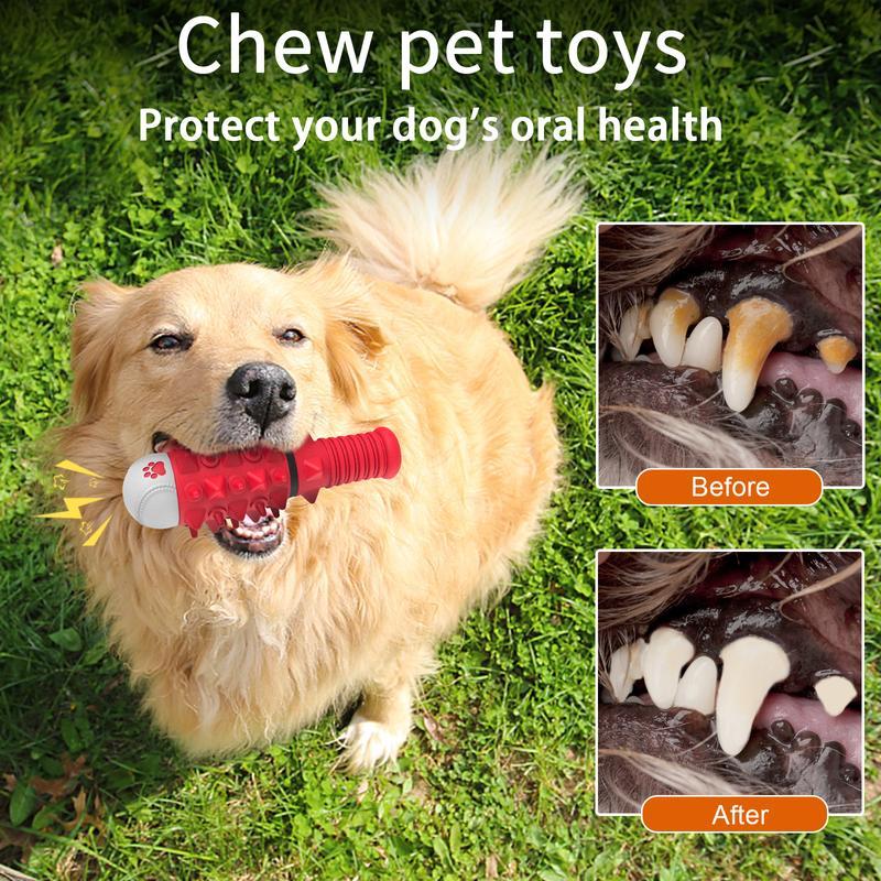 Red chew toy held by golden retriever on grass showing before and after dental cleaning interactive dog toys for large dogs