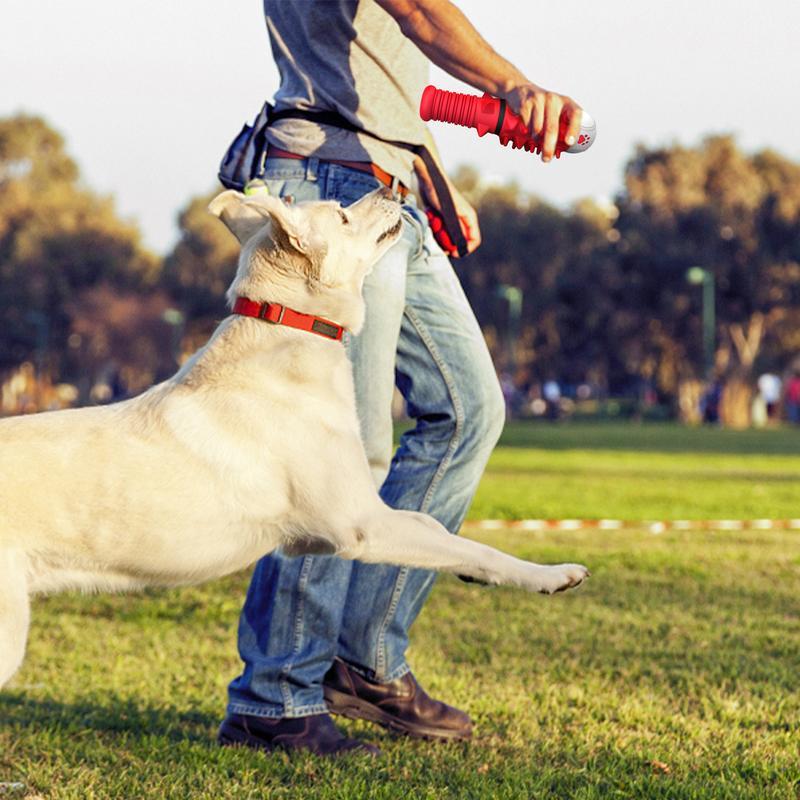 Wefulfil red durable fetch toy in hand with large Labrador leaping in park interactive dog toys for large dogs