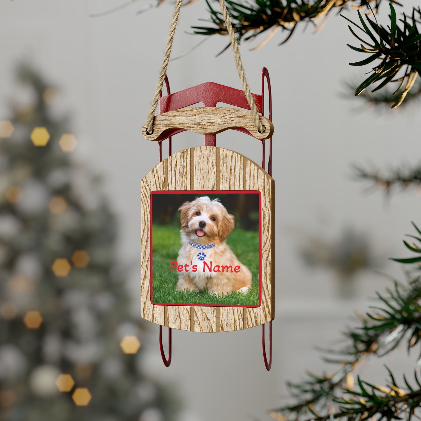 Personalized Pet Sled Ornaments wooden sled Christmas tree ornament with small dog photo and editable pet name