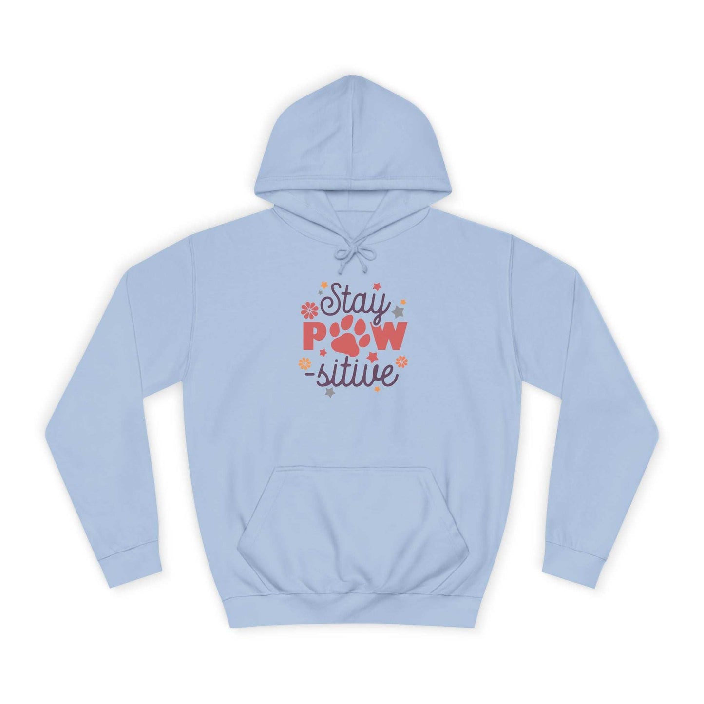 Light blue Printify Stay Pawsitive Unisex Hoodie with colorful paw print graphic and kangaroo pocket