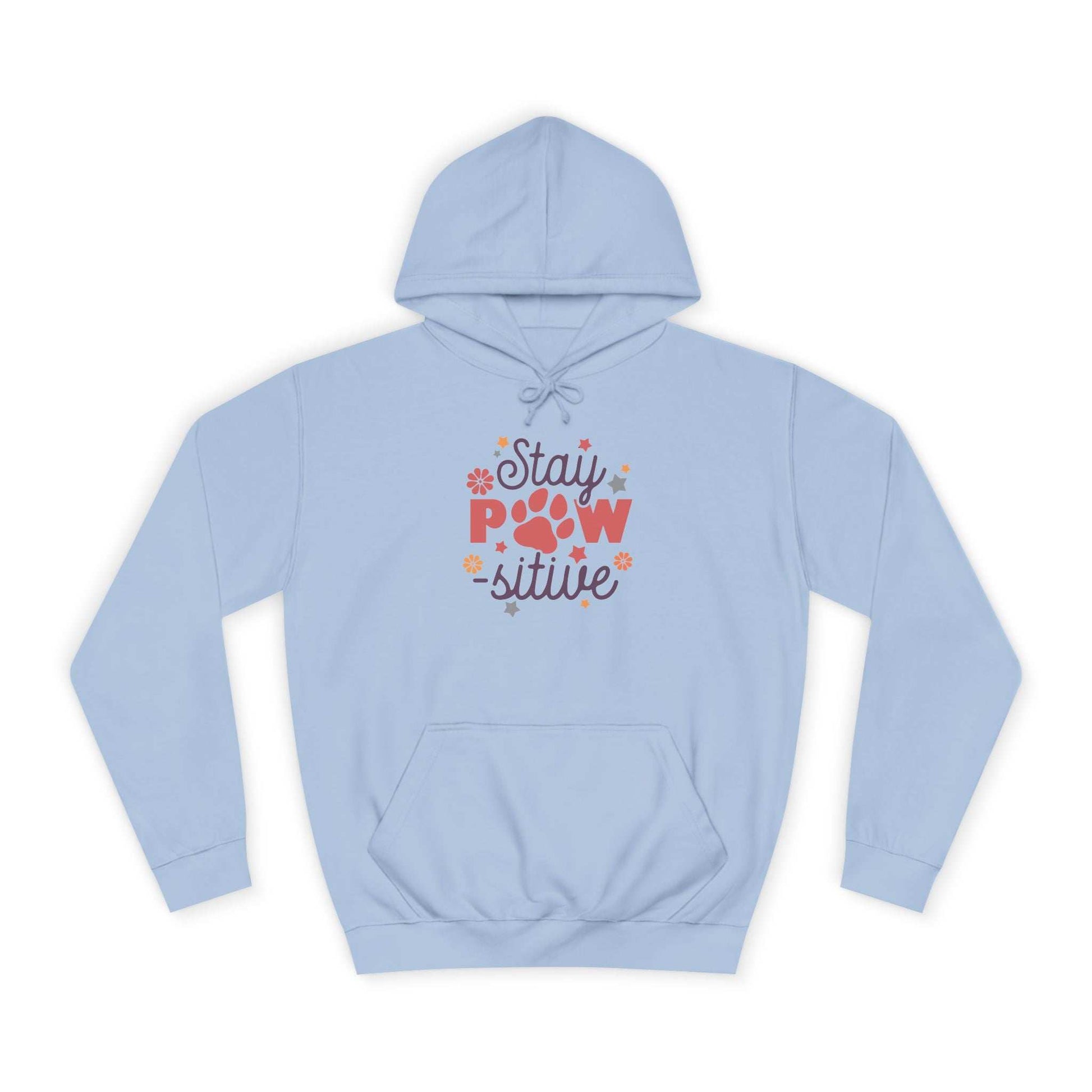 Light blue Printify Stay Pawsitive Unisex Hoodie with colorful paw print graphic and kangaroo pocket