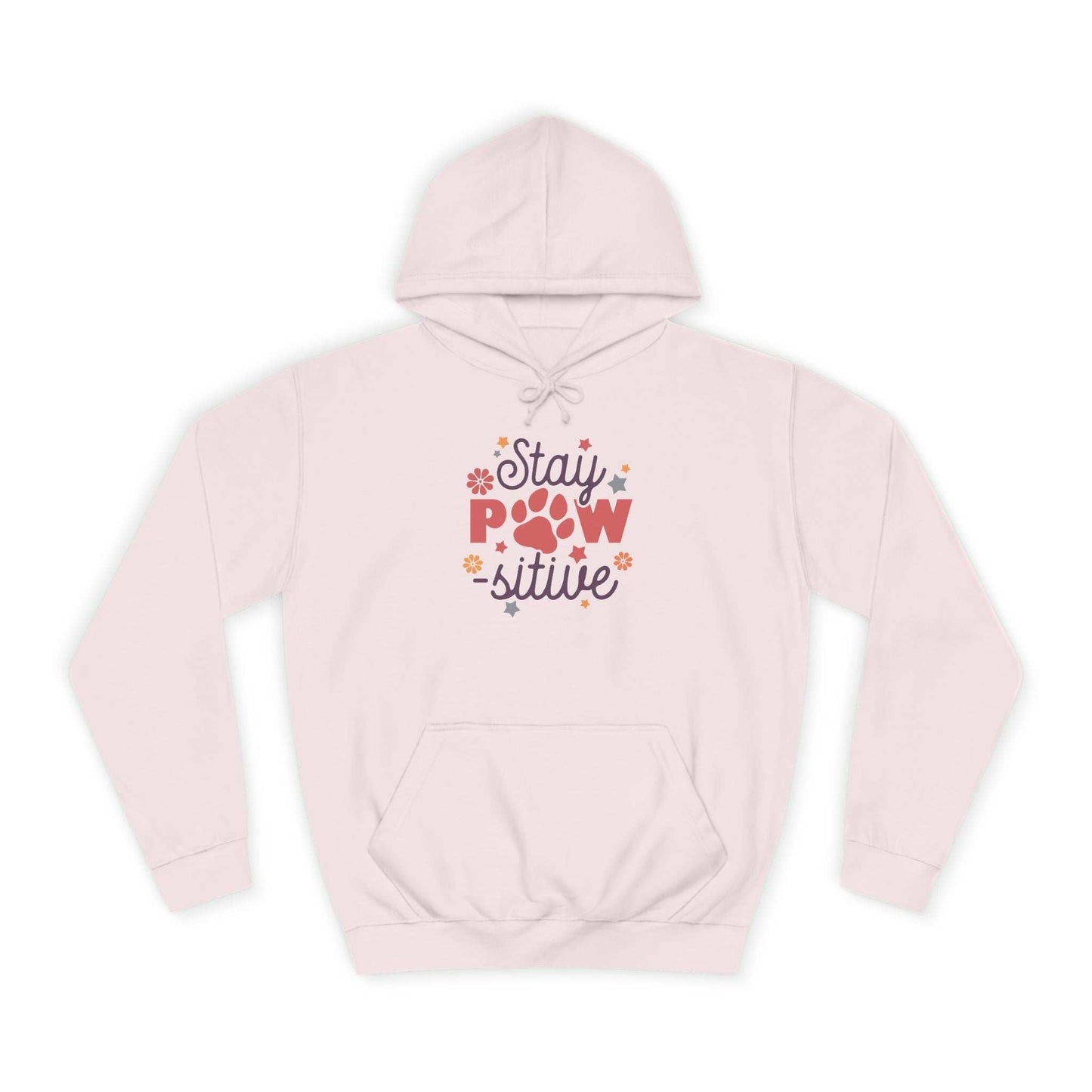 Printify light pink hoodie with Stay Pawsitive Unisex Hoodie paw print graphic and kangaroo pocket
