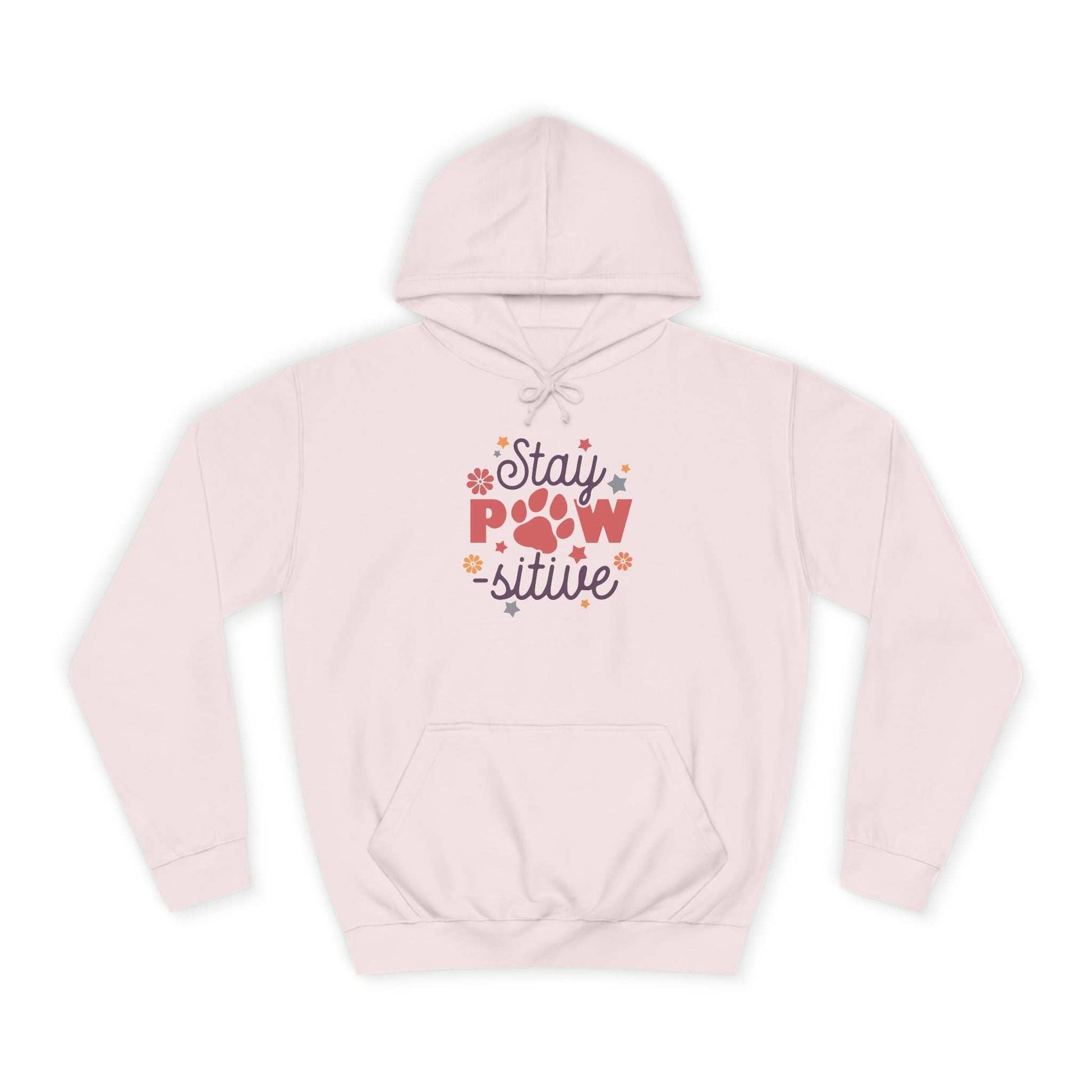 Printify light pink hoodie with Stay Pawsitive Unisex Hoodie paw print graphic and kangaroo pocket