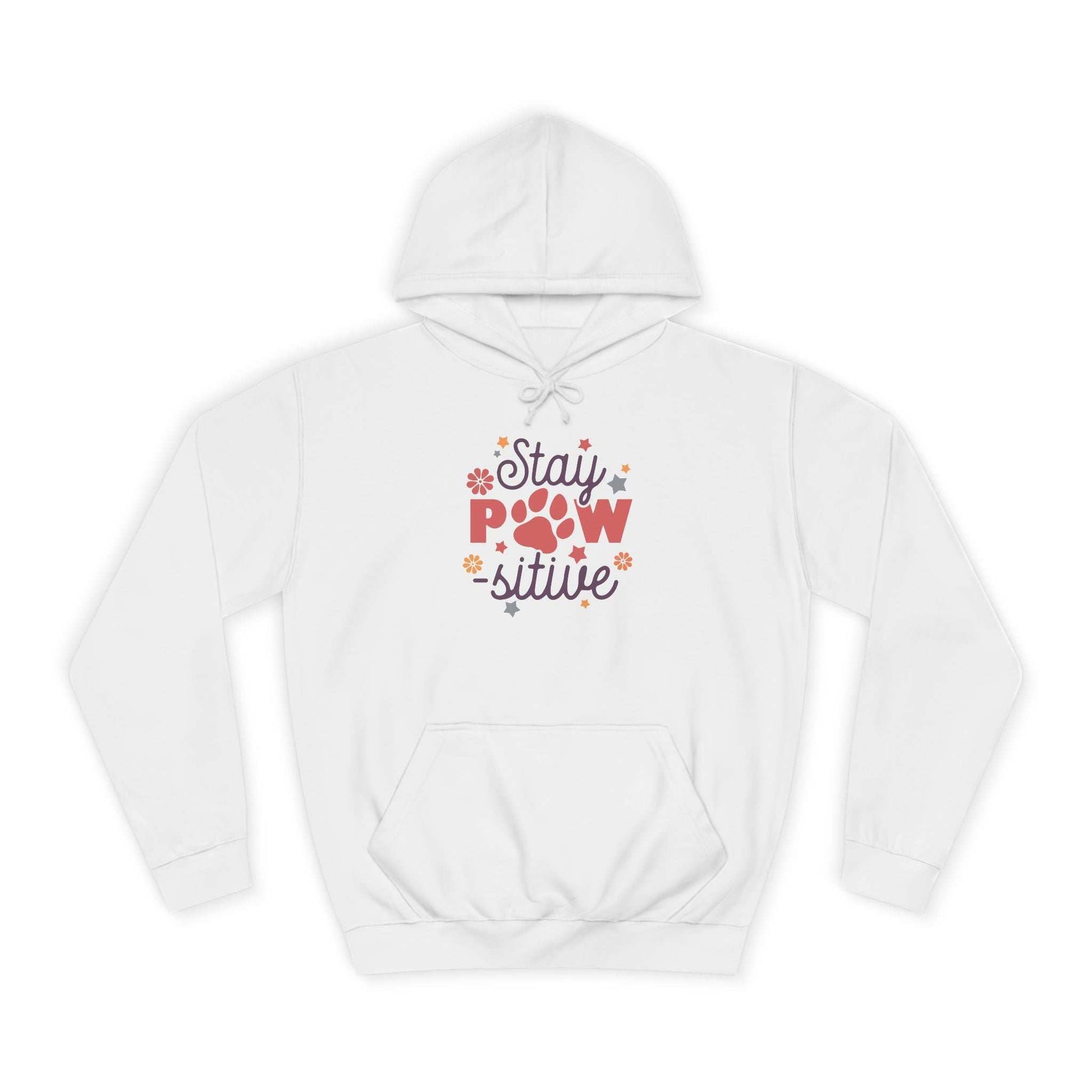 White hoodie with floral paw print graphic and front pocket featuring Stay Pawsitive Unisex Hoodie design