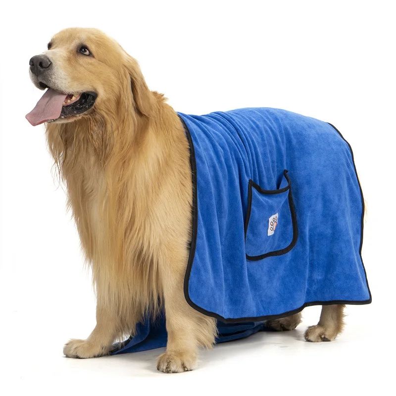 Dropshipman blue dog bathrobe towel quick dry with pocket on golden retriever for post bath drying