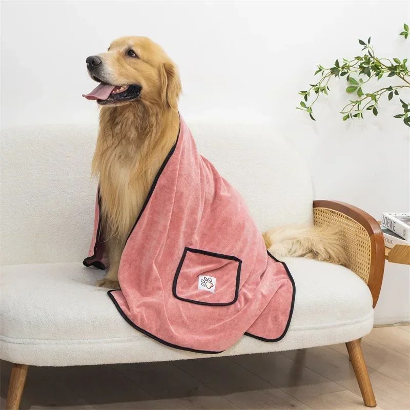 Dropshipman dog bathrobe towel quick dry pink microfiber robe with pocket on golden retriever after bath