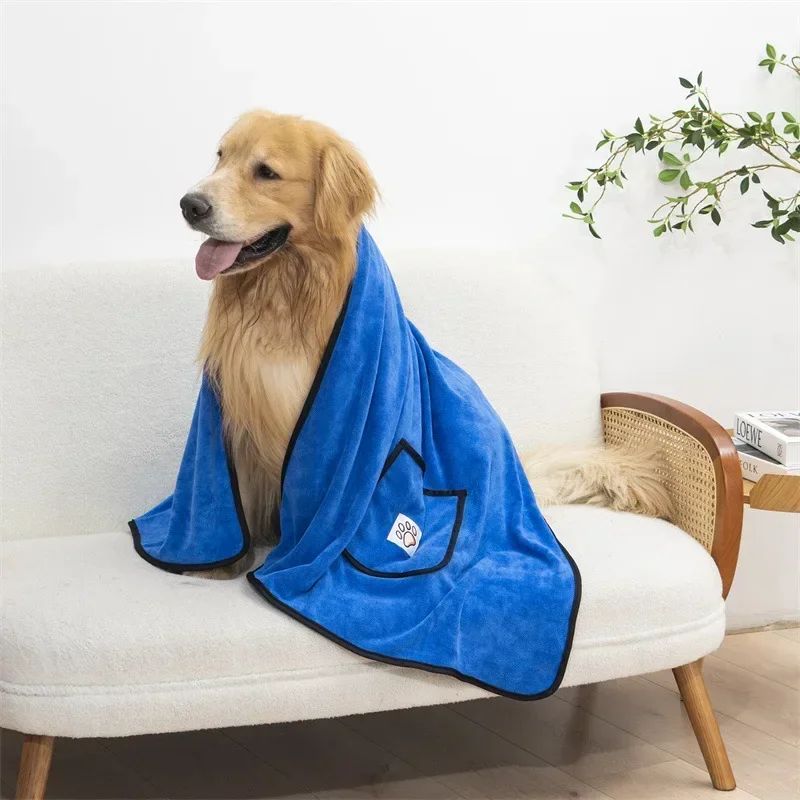 Dropshipman blue dog bathrobe towel quick dry on golden retriever sitting on white sofa