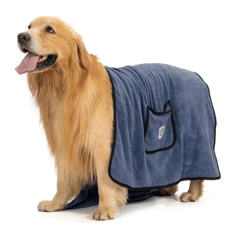Golden Retriever wearing blue Dropshipman dog bathrobe towel quick dry with pocket and absorbent microfiber