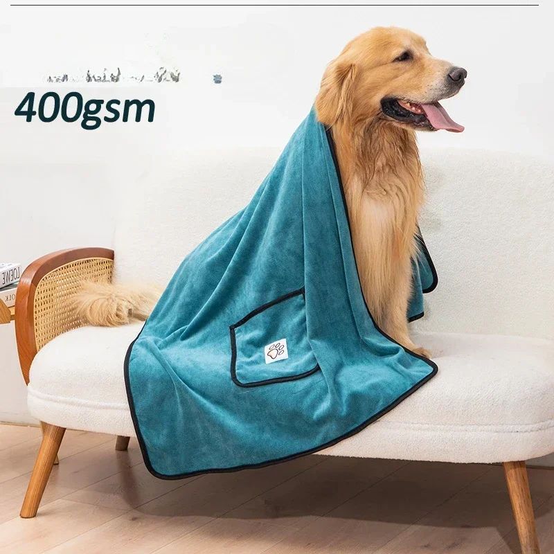 Golden Retriever wearing teal robe sitting on sofa with pocketed dog bathrobe towel quick dry 400gsm microfiber