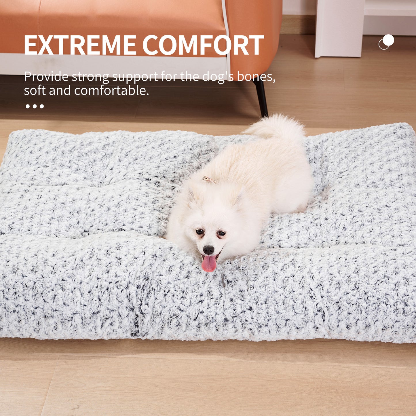 Wefulfil gray textured plush dog crate bed pad with white Pomeranian lounging on hardwood floor
