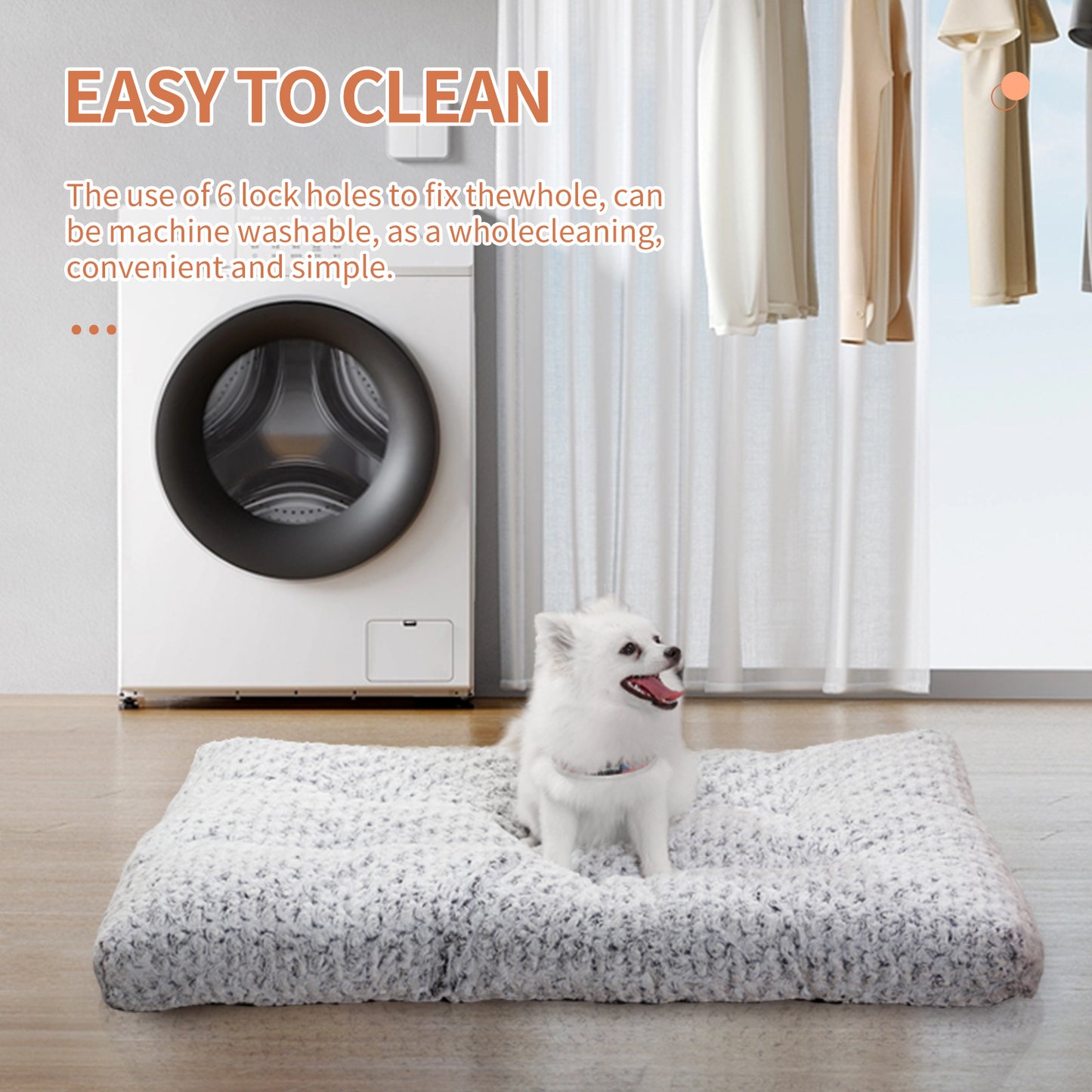 Wefulfil dog crate bed pad gray plush rectangle with small white fluffy dog on washable cushion in living room