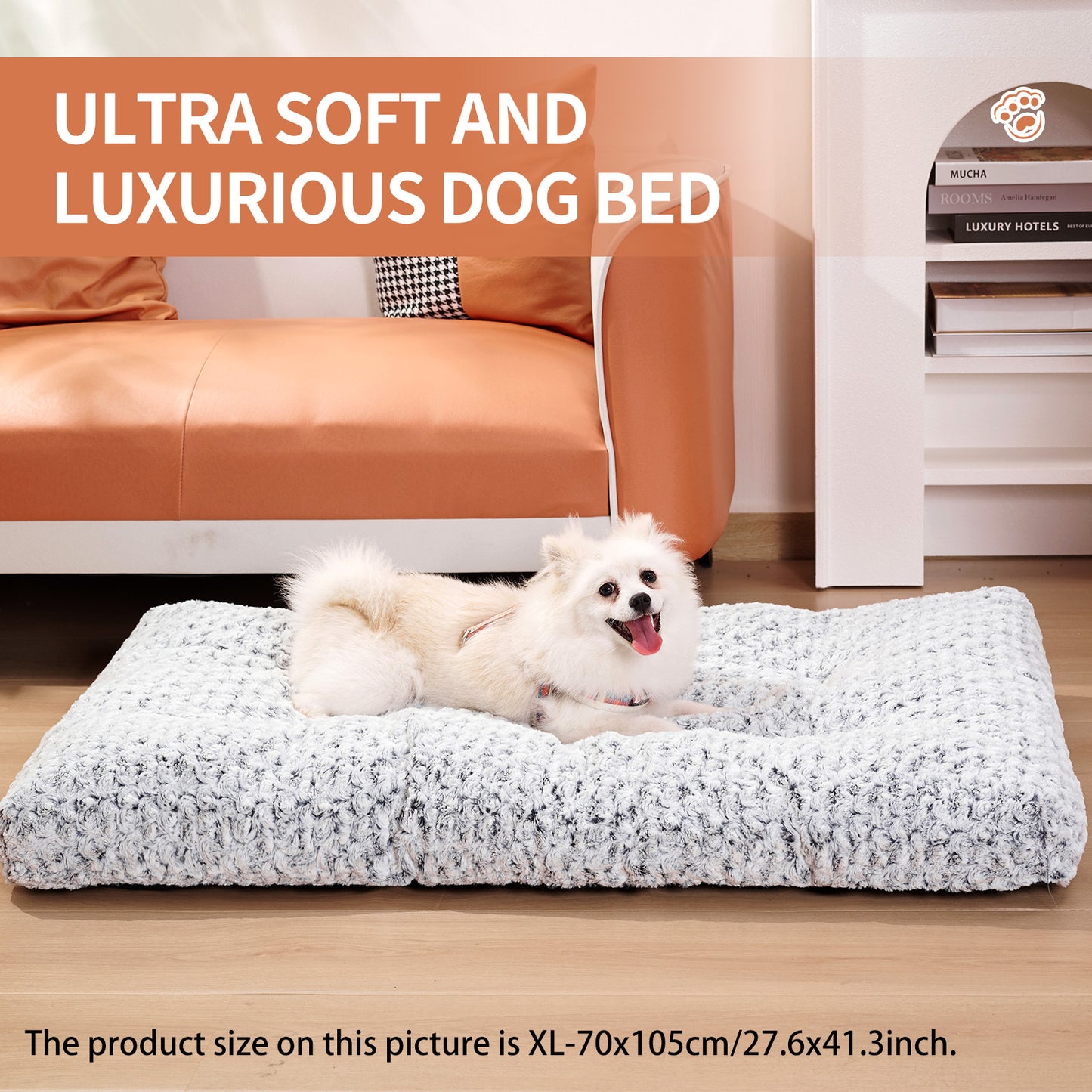 Wefulfil ultra soft gray dog crate bed pad XL with fluffy small dog on plush cushion in living room