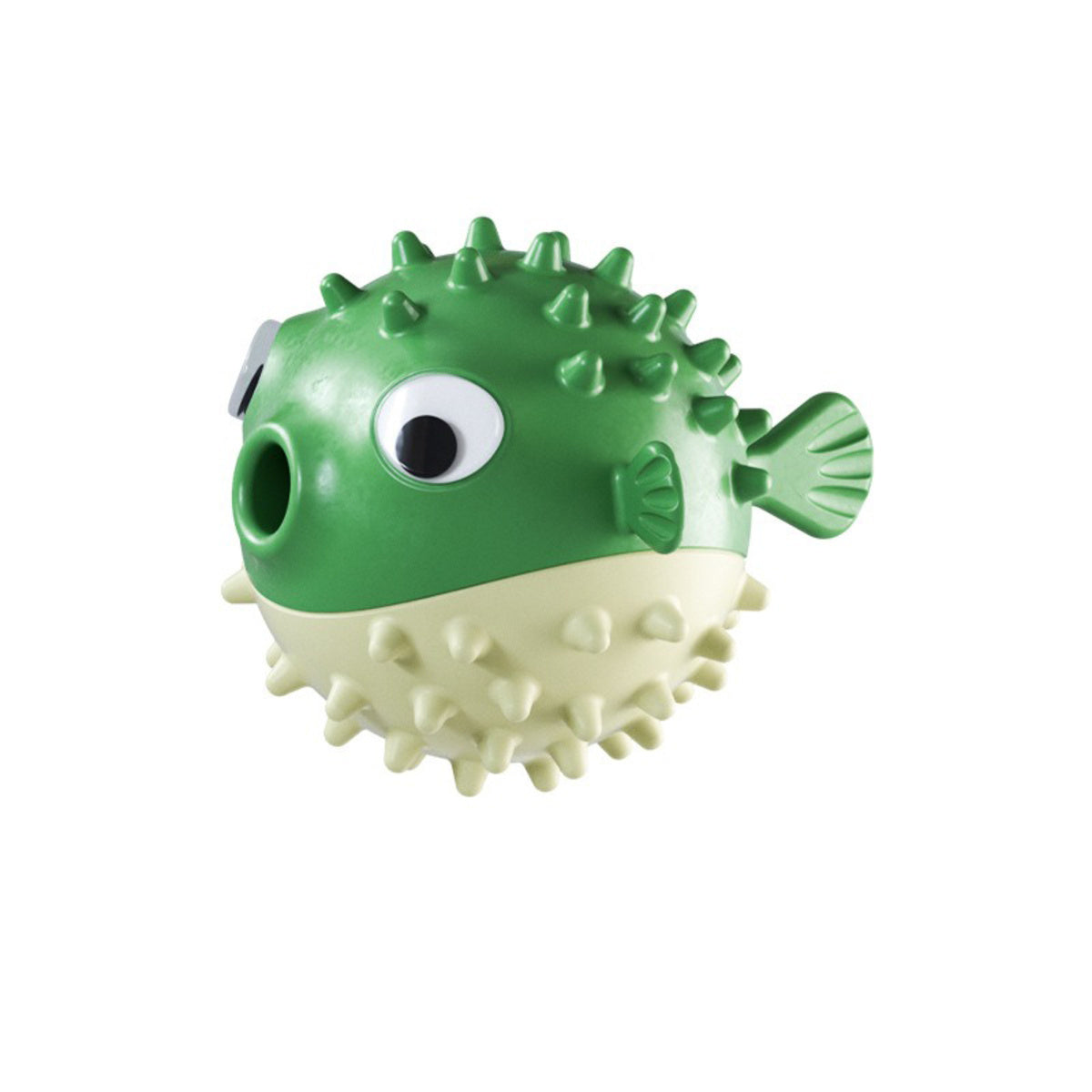 Wefulfil fish shaped dog chew toy green puffer ball with textured spikes and treat dispensing hole for dogs
