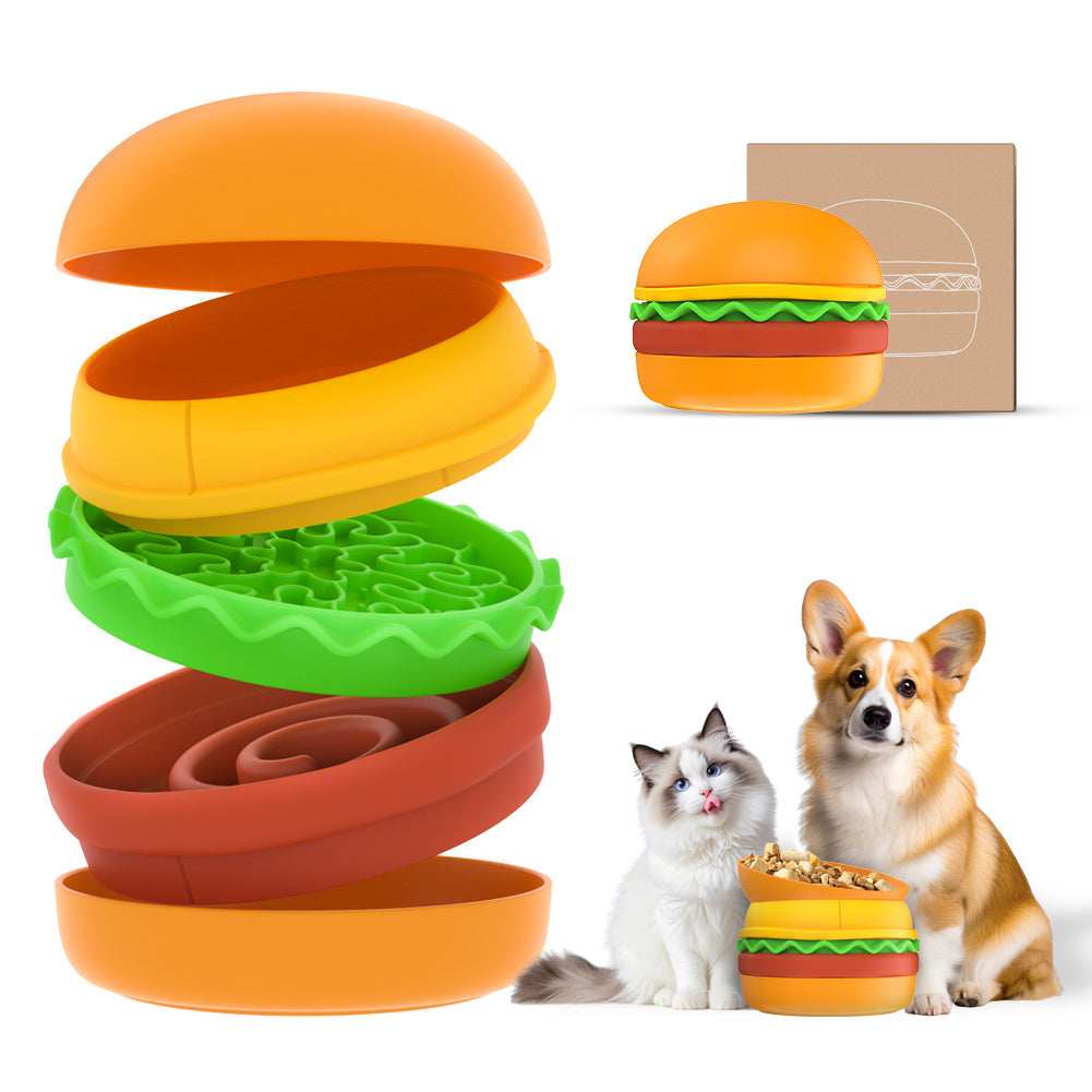 Hamburger Pet Bowl Set - 5-in-1 Slow Feeder with Lick Mat - Purrfect Pet Haven