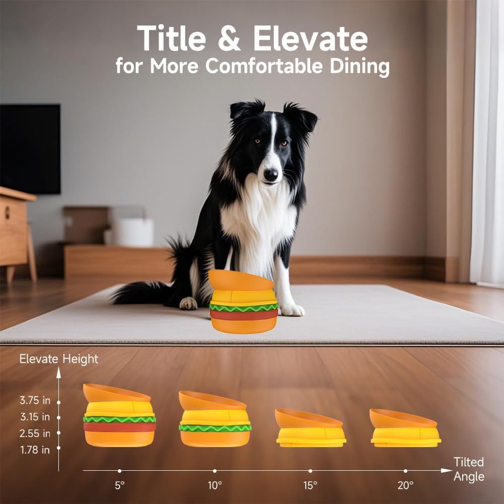 Wefulfil Hamburger Pet Bowl Set elevated hamburger shaped dog feeder showing adjustable heights and tilt angles