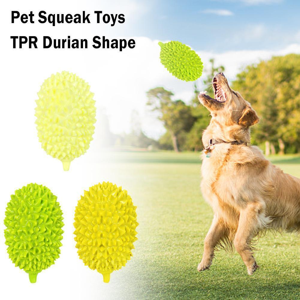Wefulfil durian shaped dog chew toy set in green spiky TPR shown with golden retriever catching one in park
