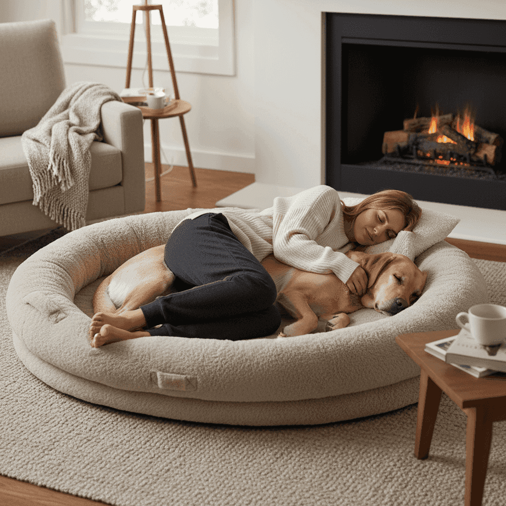 Person napping with Labrador on giant dog bed