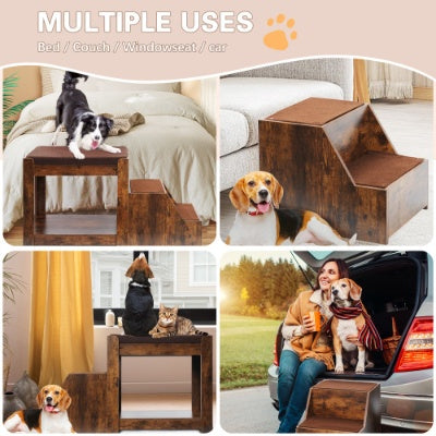 Wefulfil pet bunk bed with steps for dogs and cats showing multiple uses at bed, couch, window seat, and car