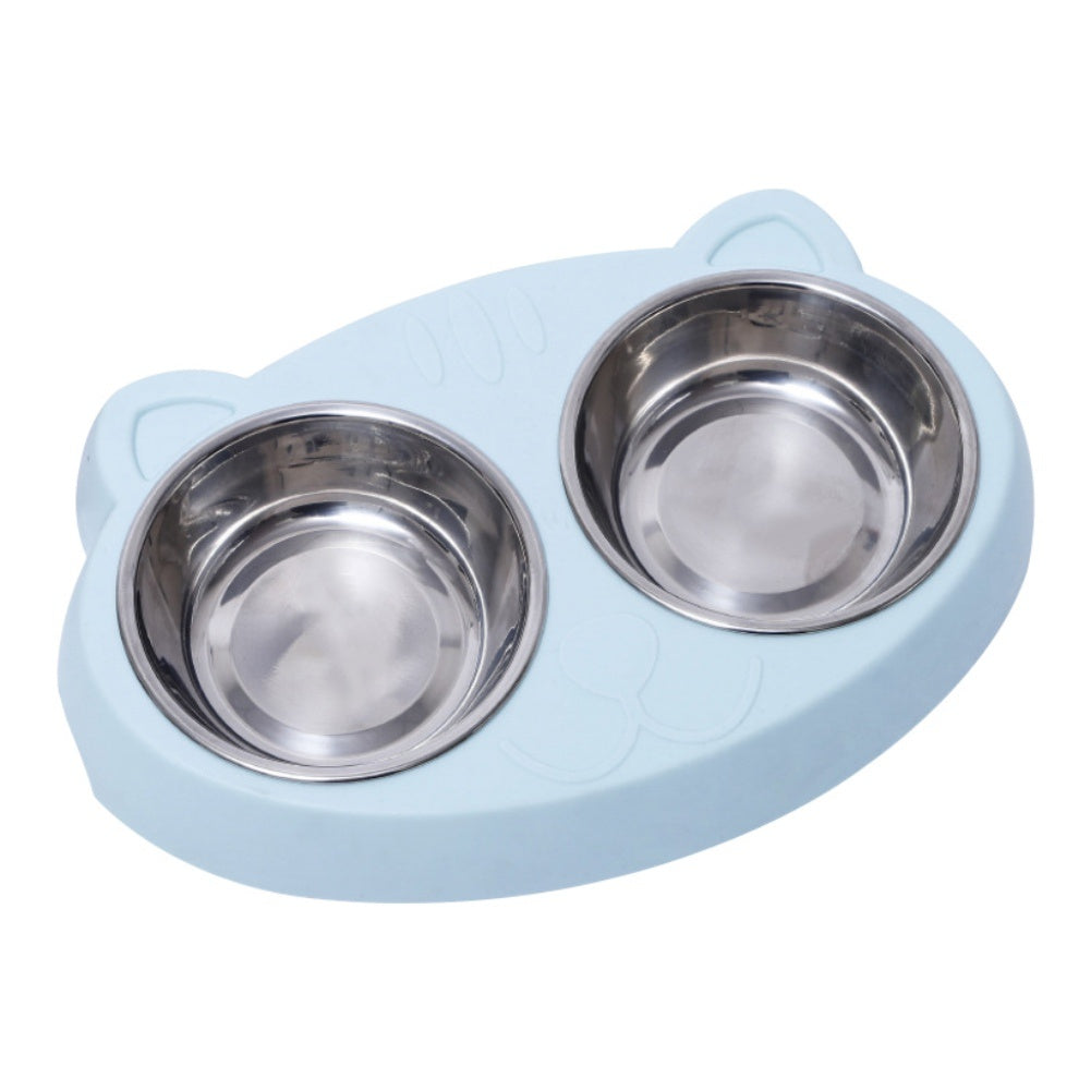 Wefulfil pet feeder stainless steel bowls with light blue cat-shaped holder for feeding pets