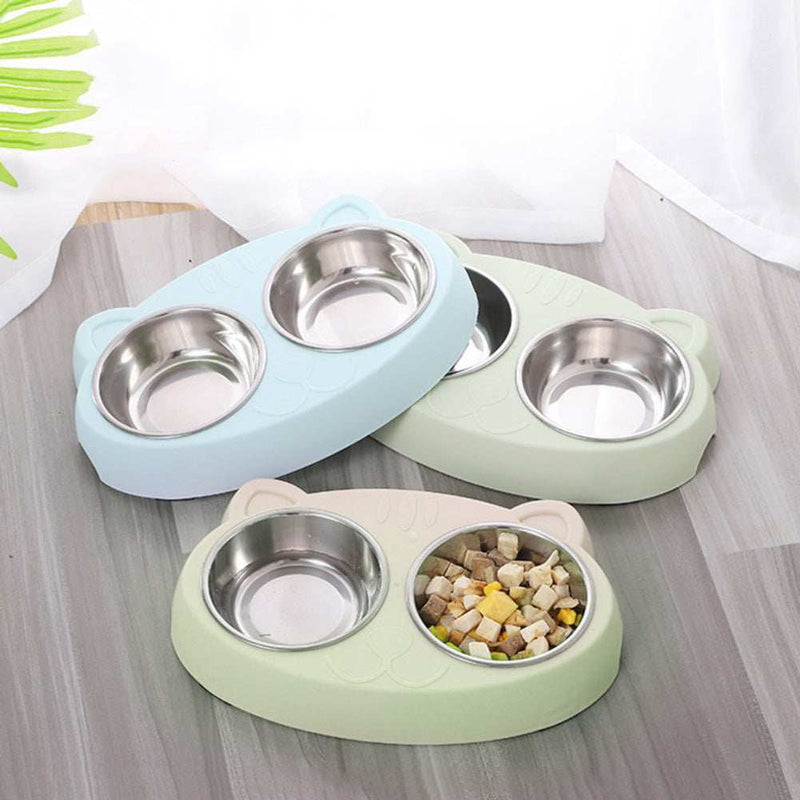 Wefulfil Pet Feeder Stainless Steel Bowls set with pastel plastic base and double compartments for pet food and water