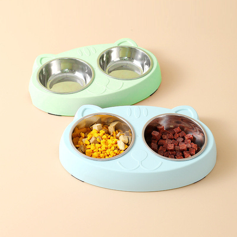 Wefulfil Pet Feeder Stainless Steel Bowls set with double compartments in pastel blue and green