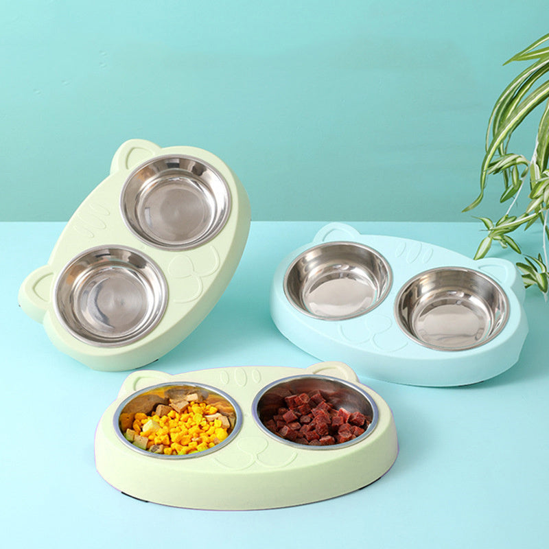 Wefulfil Pet Feeder Stainless Steel Bowls with dual compartments in pastel colors for pet food and water