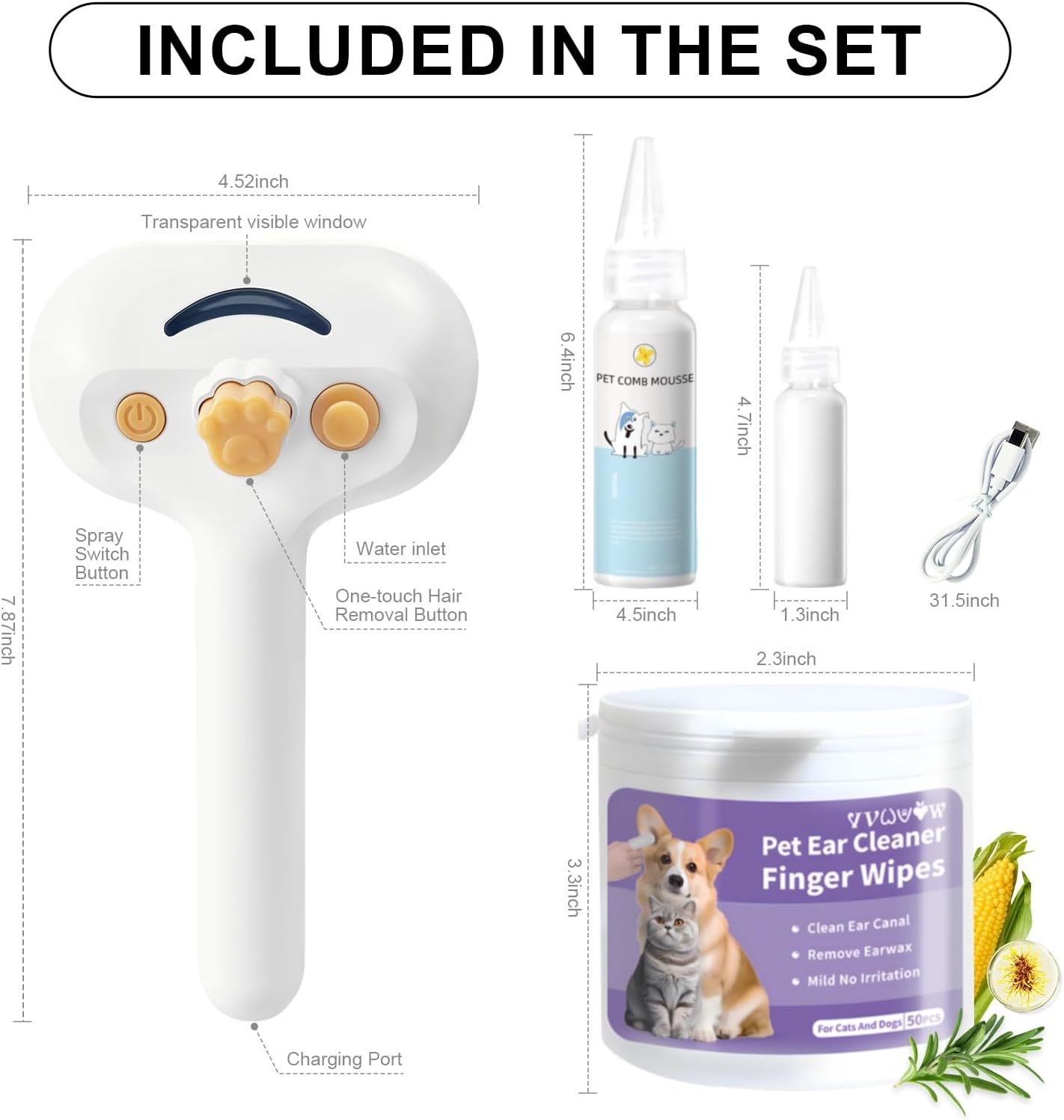 Wefulfil Pet Grooming Comb with Mousse set including comb, spray, mousse bottle, charging cable, and pet ear cleaner wipes