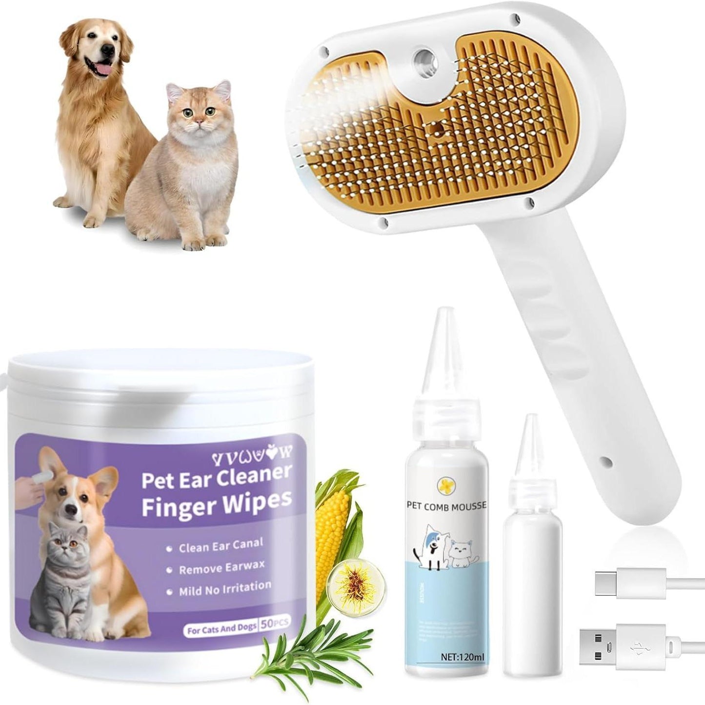 Wefulfil Pet Grooming Comb with Mousse set including ear cleaner wipes, mousse bottles, and USB charging cable