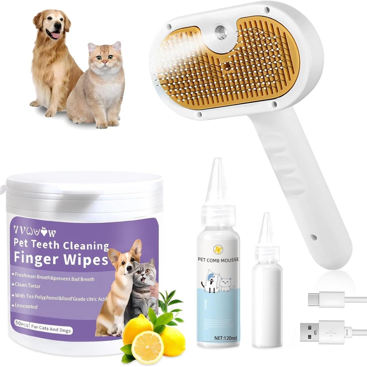 Wefulfil Pet Grooming Comb with Mousse and cleaning wipes for cats and dogs with USB charging