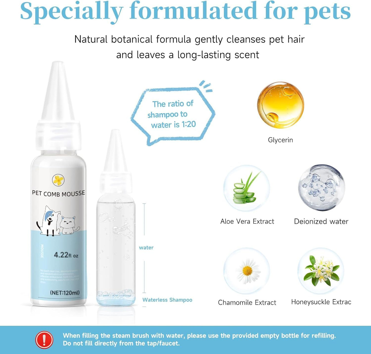 Wefulfil Pet Grooming Comb with Mousse bottle showing natural botanical ingredients like glycerin and aloe vera extract