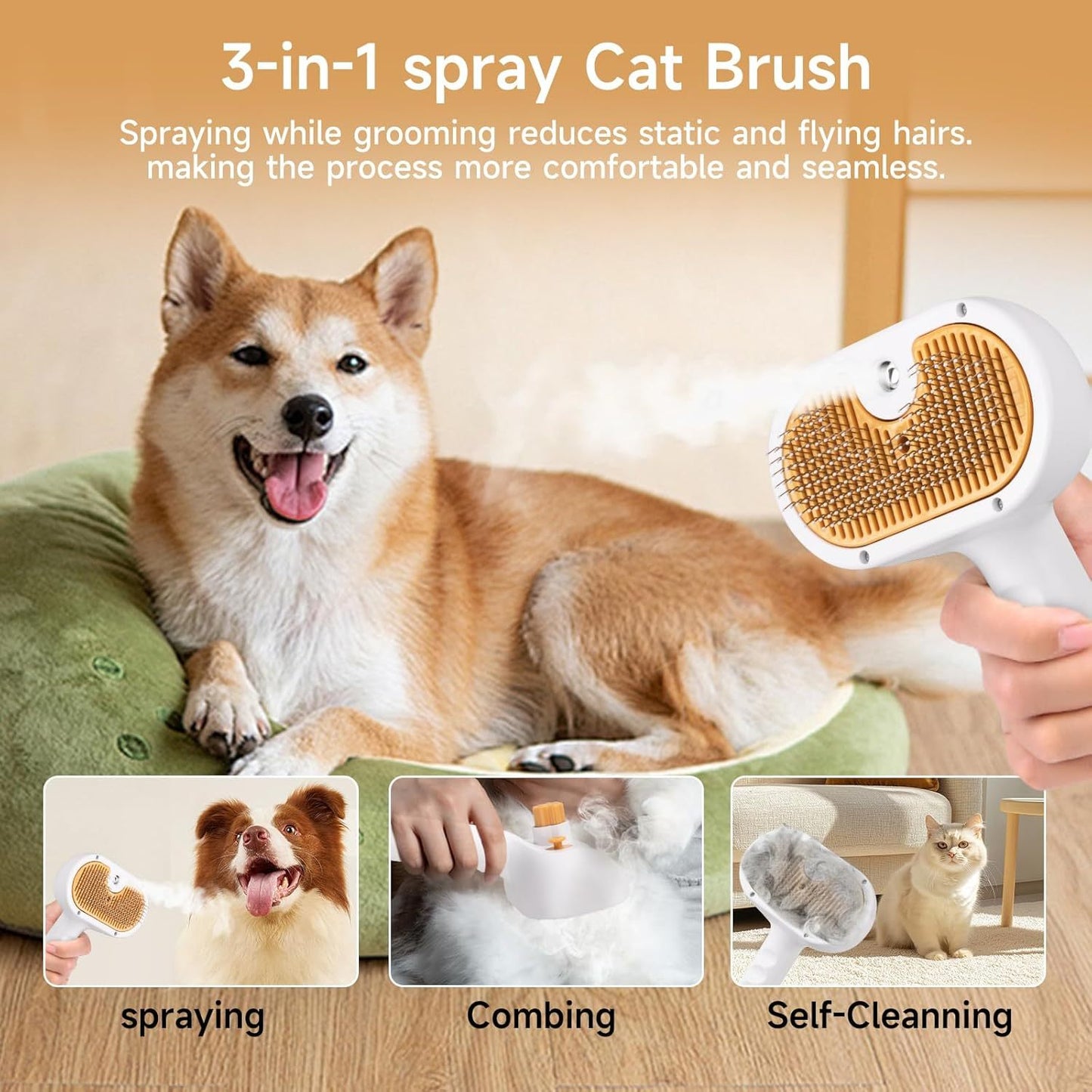 Wefulfil Pet Grooming Comb with Mousse 3-in-1 spray cat brush spraying combing and self-cleaning