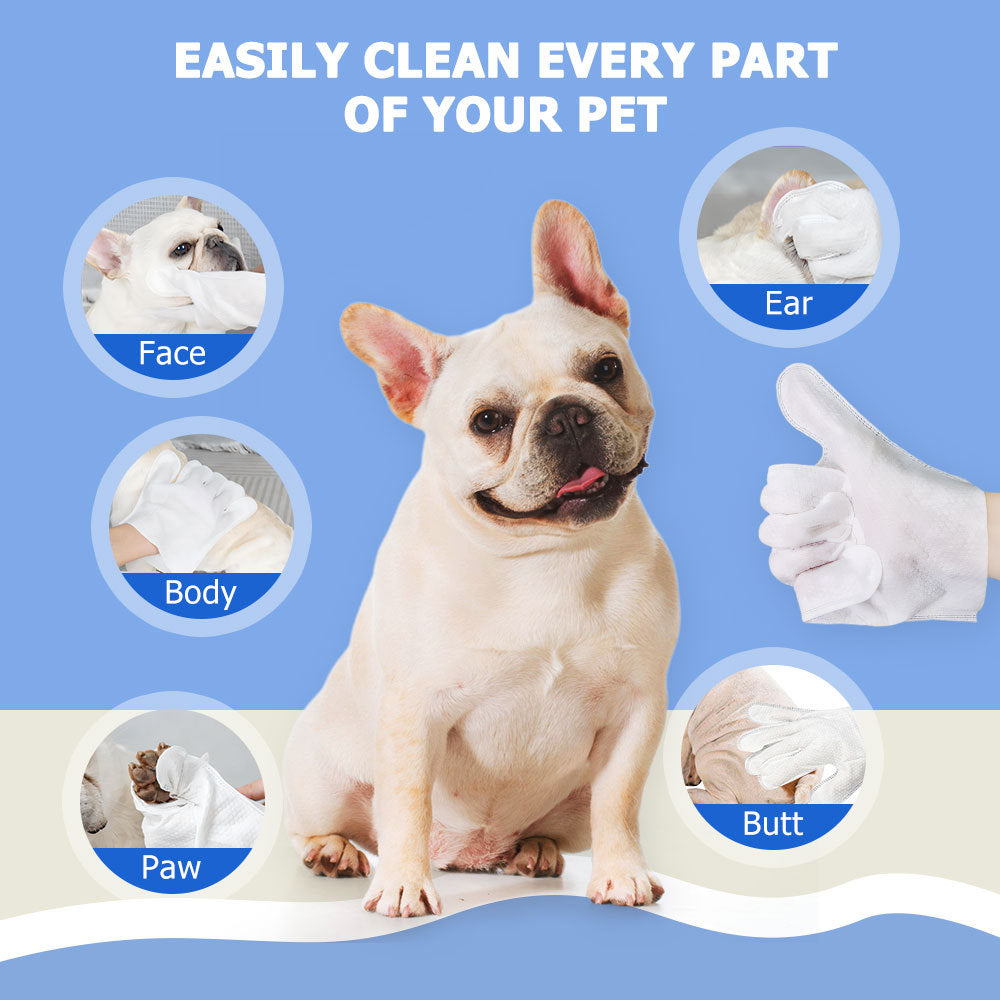 Wefulfil pet cleaning wipes for dogs and cats image showing french bulldog and wipes cleaning face ear paw body butt
