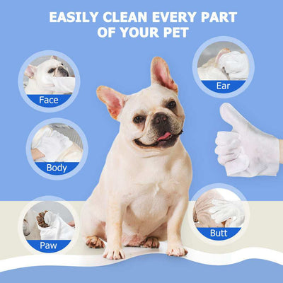 Wefulfil pet cleaning wipes for dogs and cats image showing french bulldog and wipes cleaning face ear paw body butt