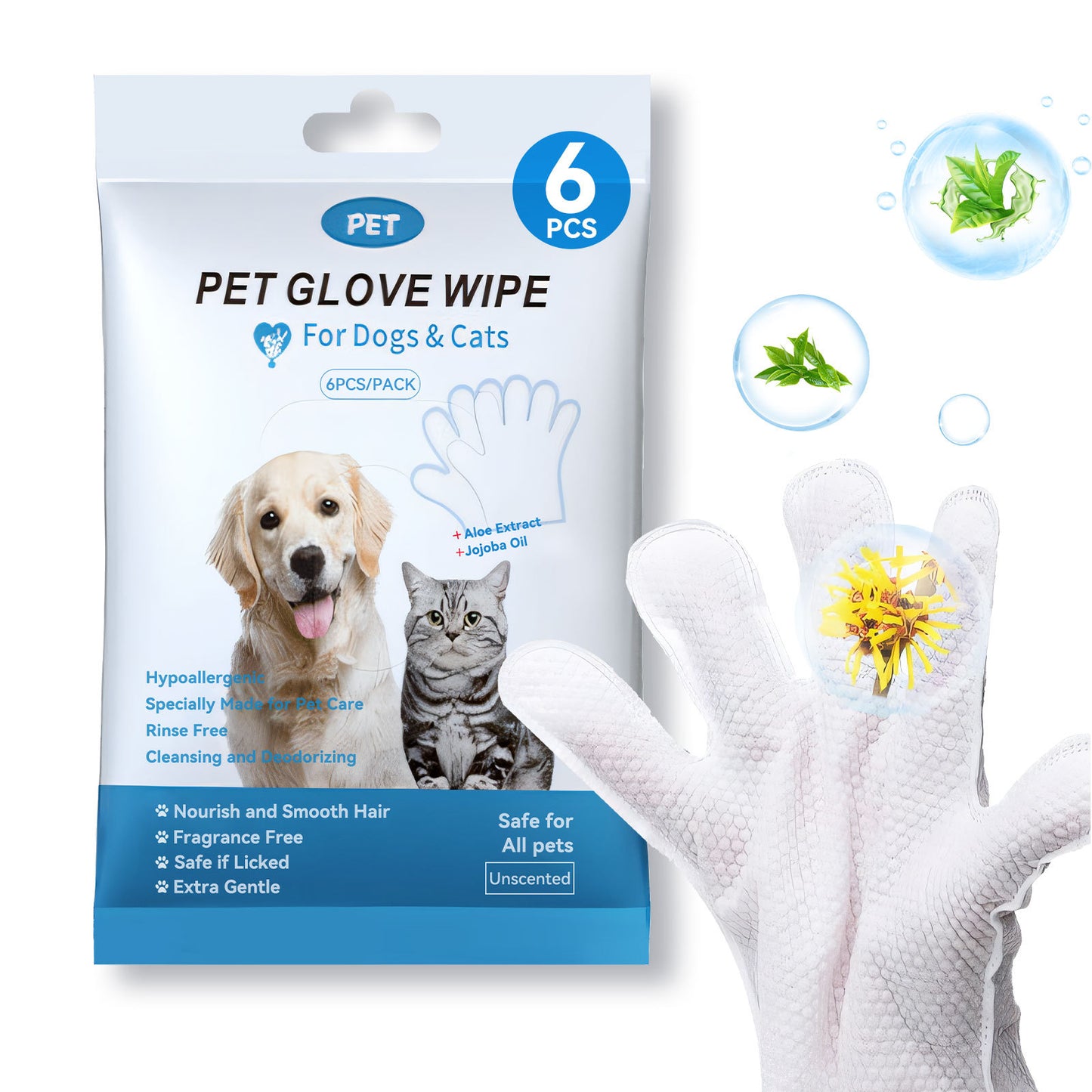 Wefulfil pet glove wipe 6pcs pack showing dog and cat and textured glove pet cleaning wipes for dogs and cats